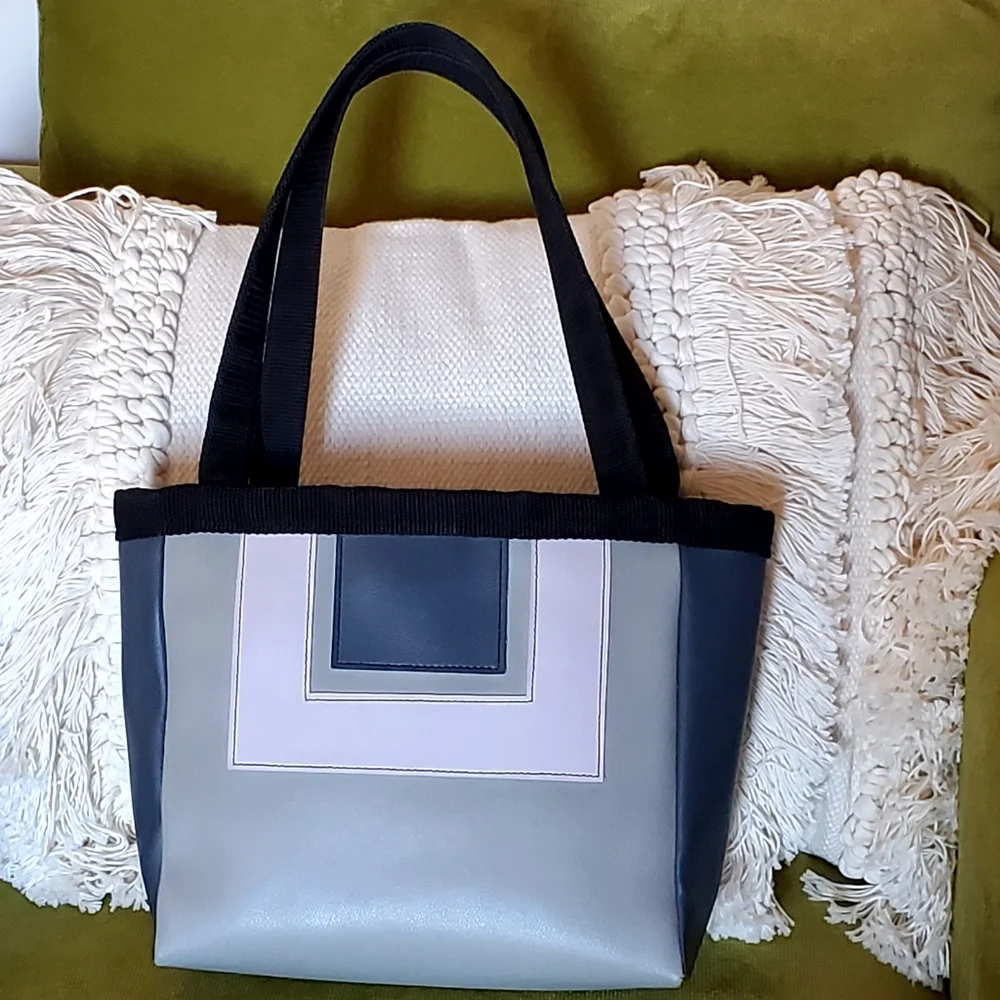 Holly Aiken Vegan Leather Tote Shoulder Bag, Blue/Gray/Lilac/Black, EUC